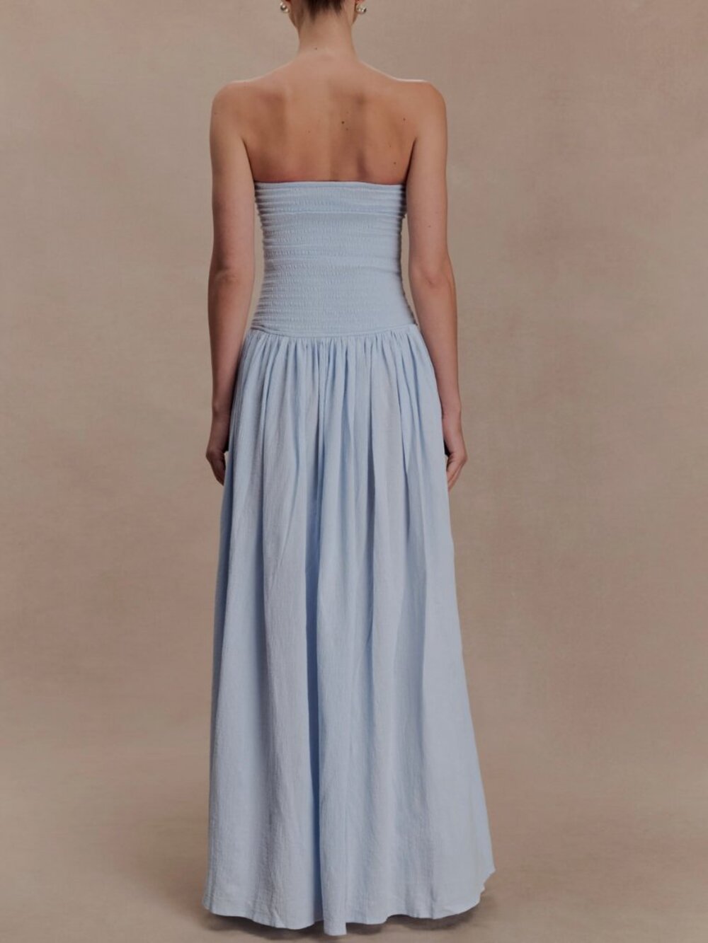 NWT Meshki Maureen Cotton Shirring Maxi Dress Gown Powder Blue Cocktail - Picture 5 of 8